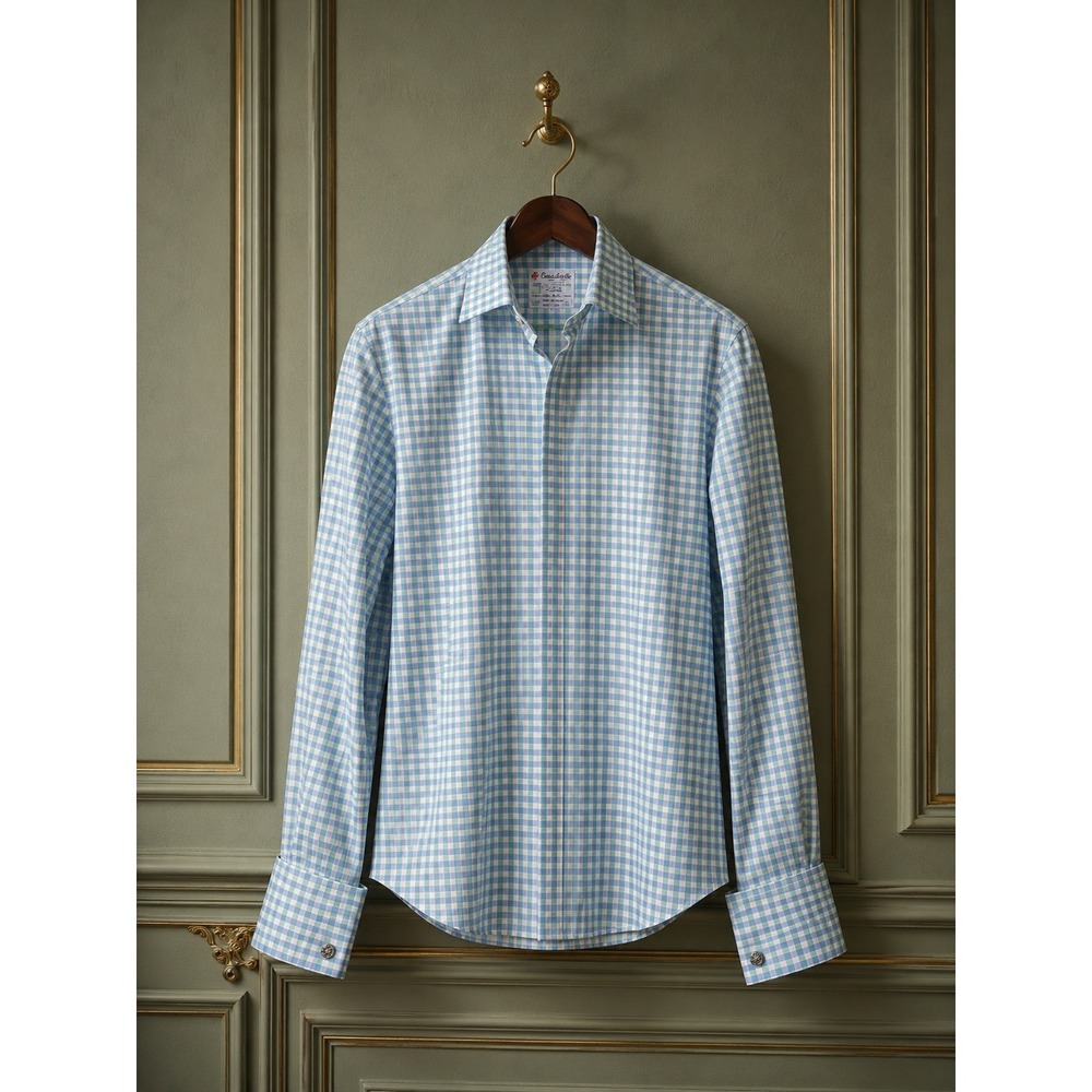 Turnbull & Asser England Blue Green Check French Cuff Hidden Placket Shirt